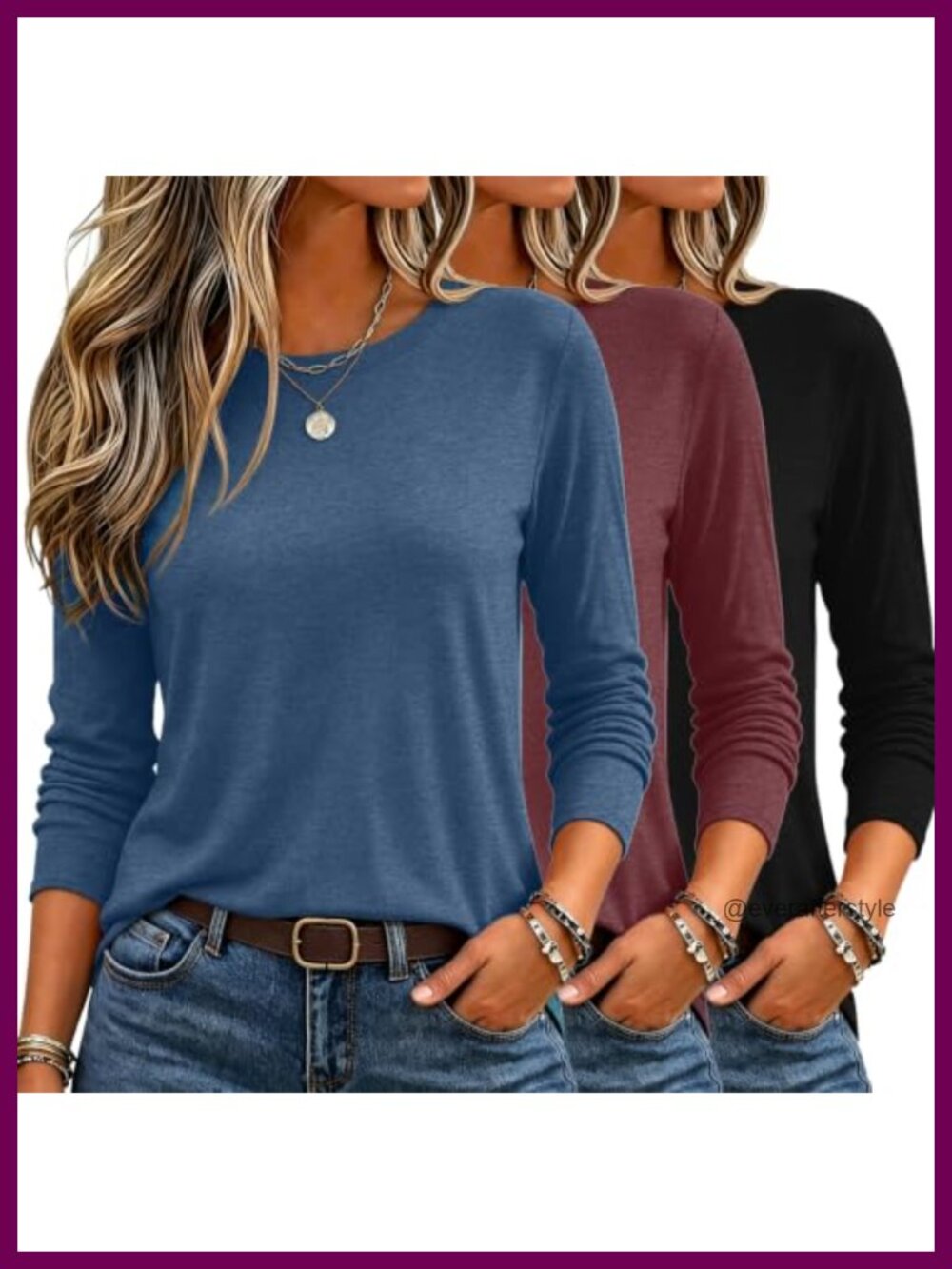Women's Long Sleeve Crewneck Tee 3-Pack Soft Stretch